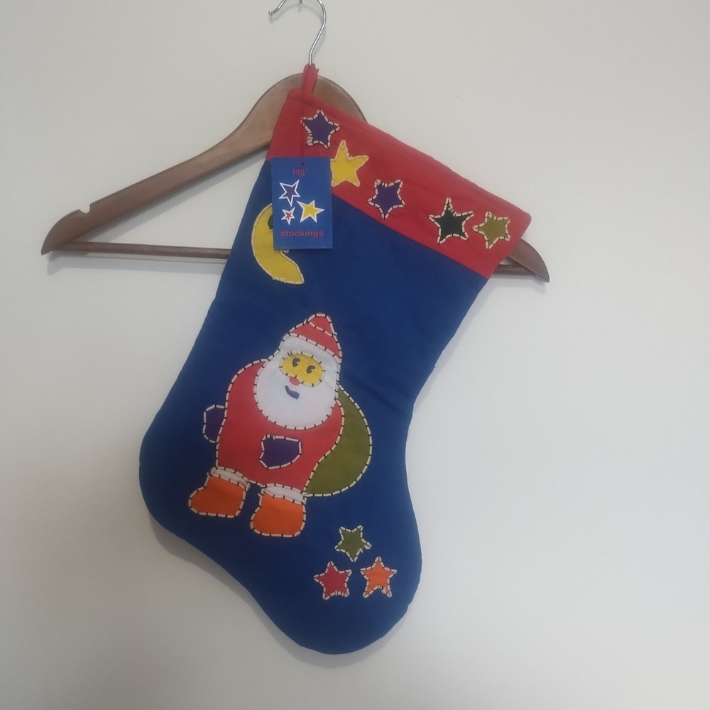 Vintage tag Christmas Stocking Blue Cotton Santa Star Moon Applique 1993